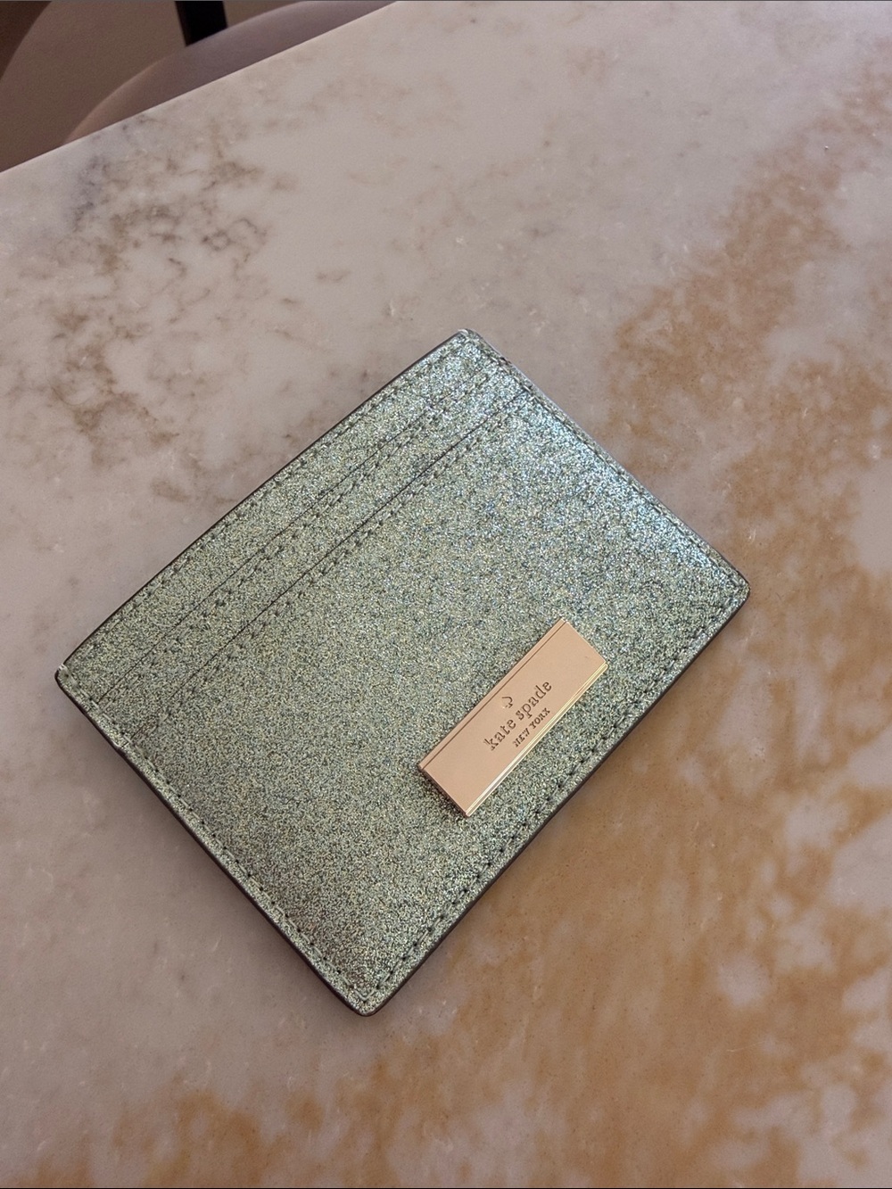 Kate Spade mint green glitter card holder with gold plaque